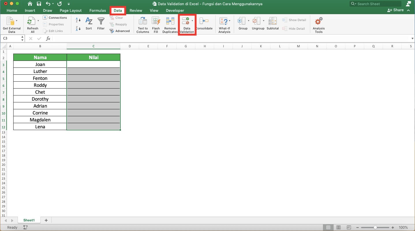 Data Validation di Excel: Fungsi dan Cara Menggunakannya - Screenshot Langkah Membuat Data Validation 2