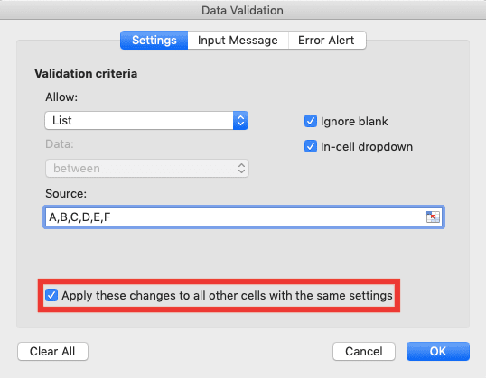 Data Validation di Excel: Fungsi dan Cara Menggunakannya - Screenshot Lokasi Boks Centang Apply these changes to other cells with the same settings di Dialog Box Data Validation