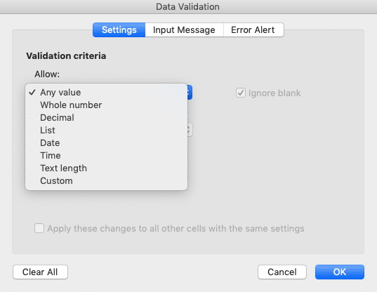 Data Validation di Excel: Fungsi dan Cara Menggunakannya - Screenshot Pilihan Jenis Data Validation di Dialog Box Data Validation