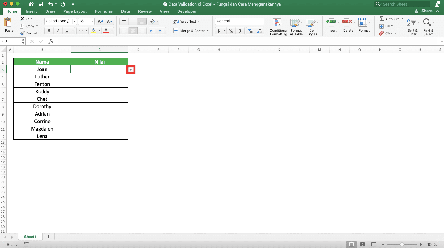 Data Validation di Excel: Fungsi dan Cara Menggunakannya - Screenshot Contoh Tombol Dropdown Cell dari Data Validation Jenis List