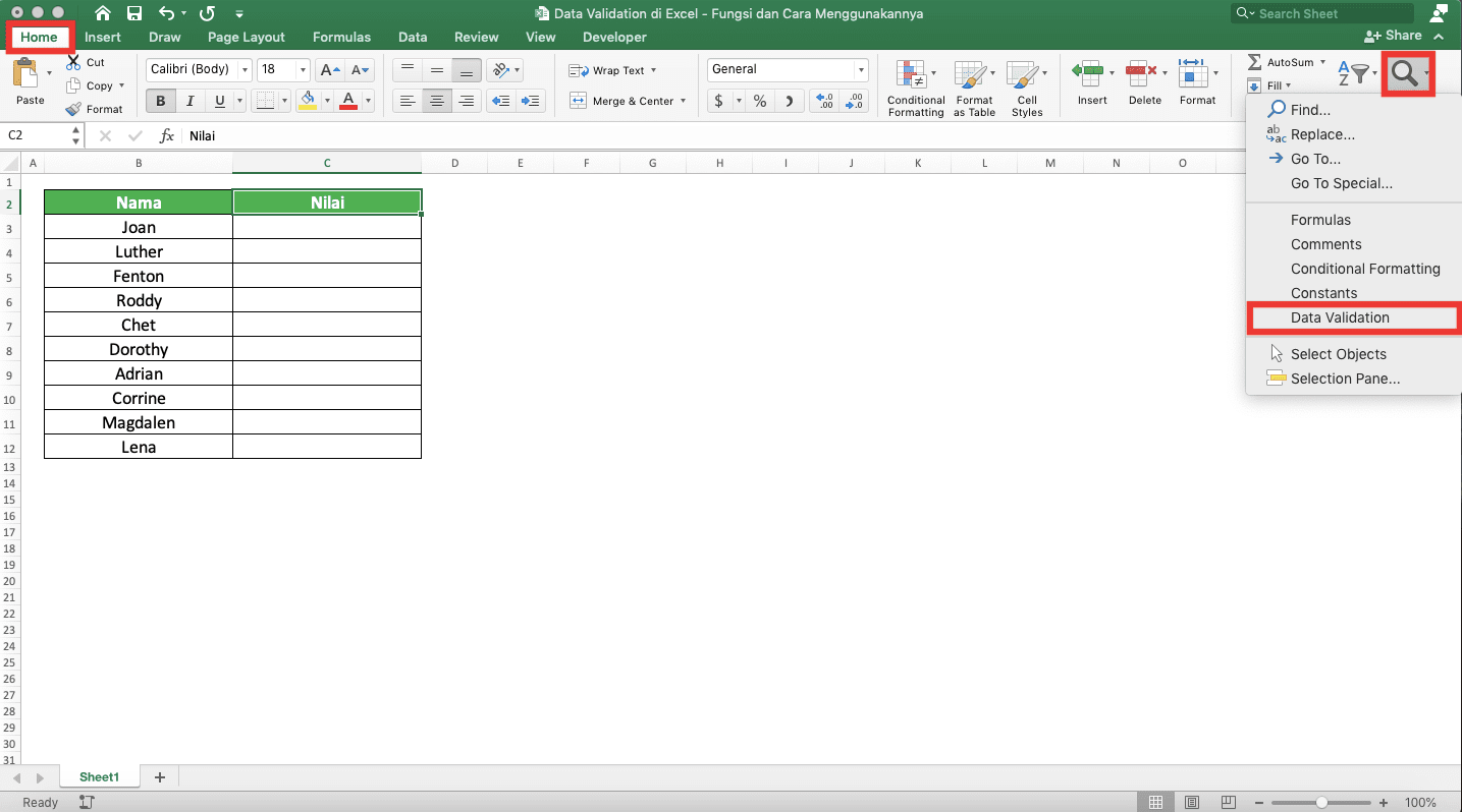 Data Validation di Excel: Fungsi dan Cara Menggunakannya - Screenshot Lokasi Tab Home, Tombol Find & Select, dan Pilihan Data Validation