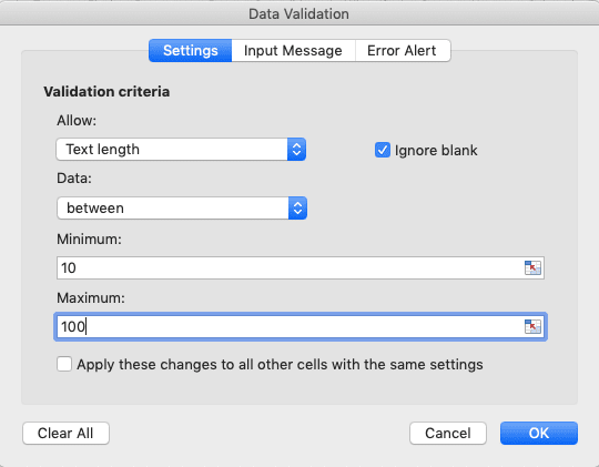 Data Validation di Excel: Fungsi dan Cara Menggunakannya - Screenshot Contoh Pengisian Boks Teks Range untuk Jenis Text Length di Dialog Box Data Validation