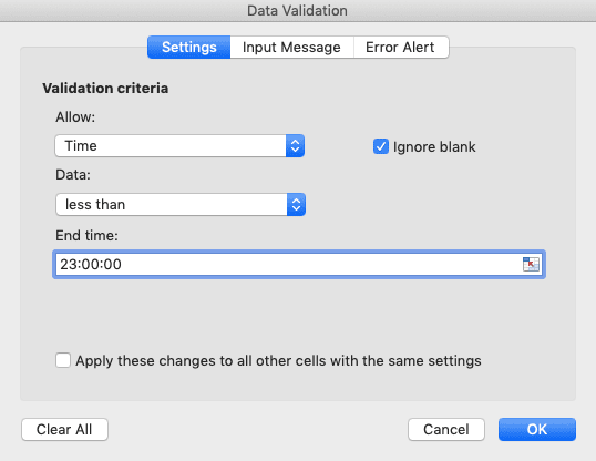 Data Validation di Excel: Fungsi dan Cara Menggunakannya - Screenshot Contoh Pengisian Boks Teks Range untuk Jenis Time di Dialog Box Data Validation