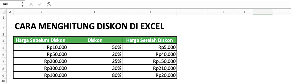 Cara Menghitung Diskon di Excel: Penulisan Rumus dan Contoh - Screenshot Contoh Perhitungan Secara Umum