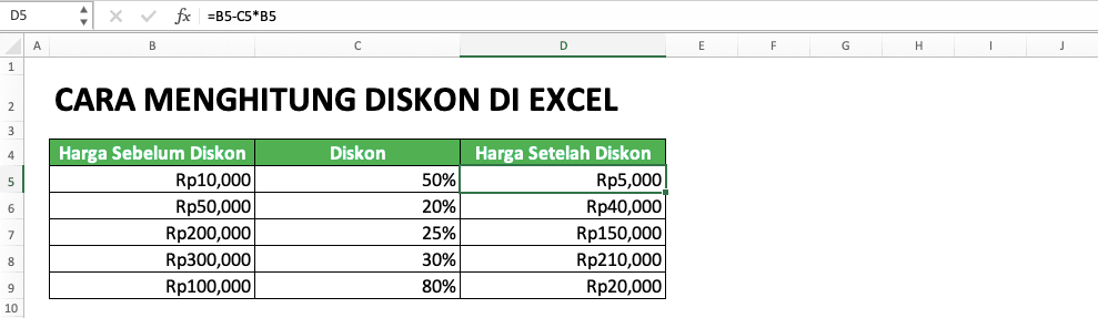 Cara Menghitung Diskon di Excel: Penulisan Rumus dan Contoh - Screenshot Contoh Perhitungan Harga Final Setelah Diskon