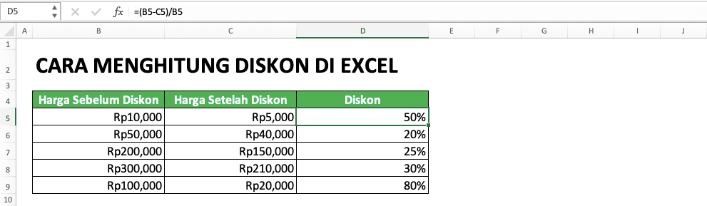 Cara Menghitung Diskon di Excel: Penulisan Rumus dan Contoh - Screenshot Contoh Perhitungan Persentase Diskon