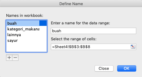 Cara Membuat Daftar Pilihan/Dropdown List di Excel - Screenshot Contoh Hasil Penamaan Cell Range untuk Pembuatan Dropdown List Bertingkat/Dependen