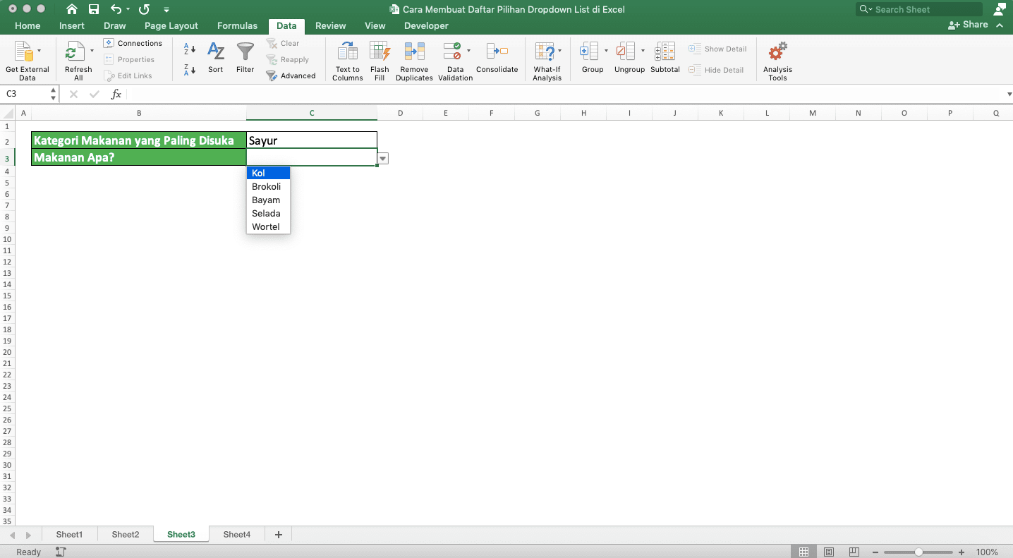 Cara Membuat Daftar Pilihan/Dropdown List di Excel - Screenshot Contoh Dropdown List Bertingkat/Dependen 2