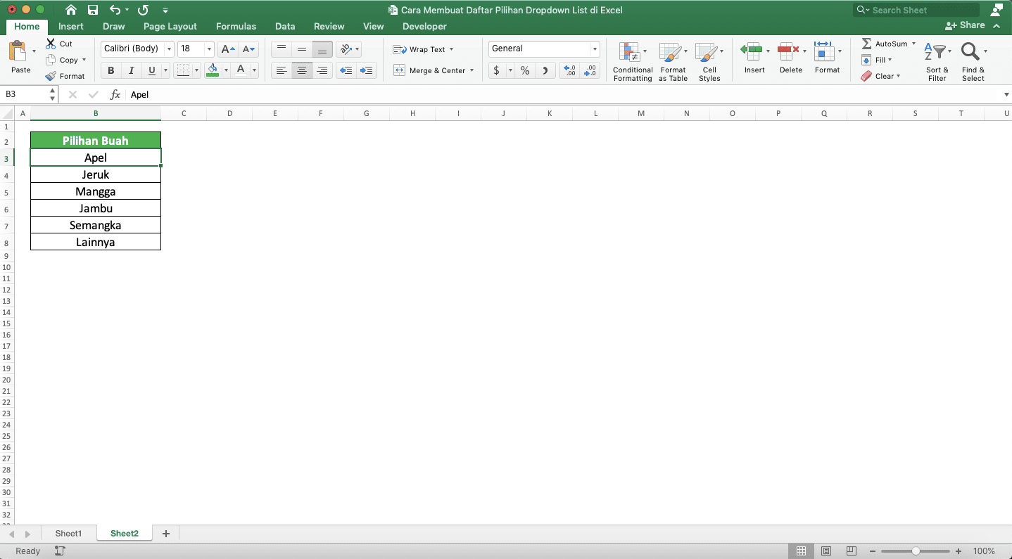 Cara Membuat Daftar Pilihan/Dropdown List di Excel - Screenshot Sumber Pilihan untuk Contoh Pembuatan Dropdown List Dinamis