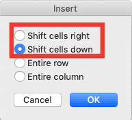 Cara Membuat Daftar Pilihan/Dropdown List di Excel - Screenshot Lokasi Pilihan Shift Cells Down dan Shift Cells Right di Dialog Box Insert