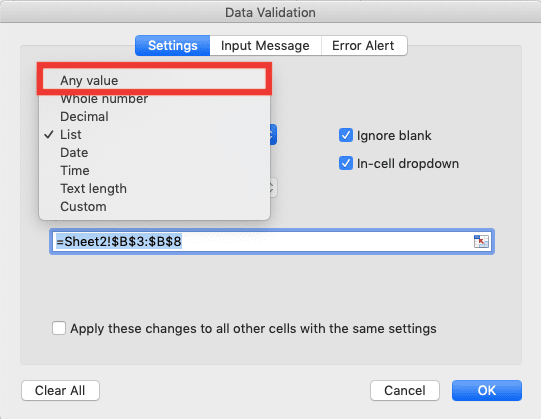 Cara Membuat Daftar Pilihan/Dropdown List di Excel - Screenshot Lokasi Pilihan Any Value di Dropdown Allow Dialog Box Data Validation