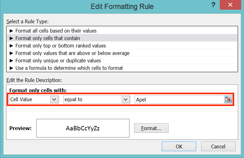 Cara Membuat Daftar Pilihan/Dropdown List di Excel - Screenshot Lokasi dan Contoh Input Pilihan Dropdown Pertama di Dialog Box Conditional Formatting