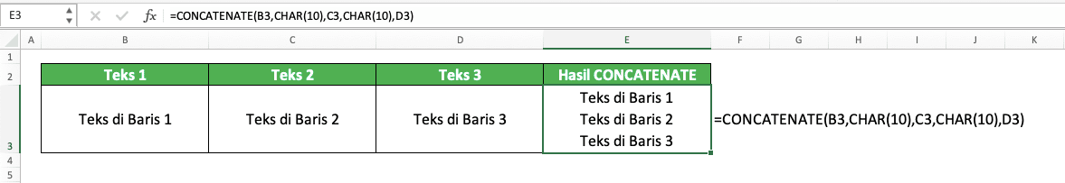 Cara Enter Tulisan di Excel - Screenshot Contoh Hasil Cara Enter di Excel dengan Rumus CHAR(10)