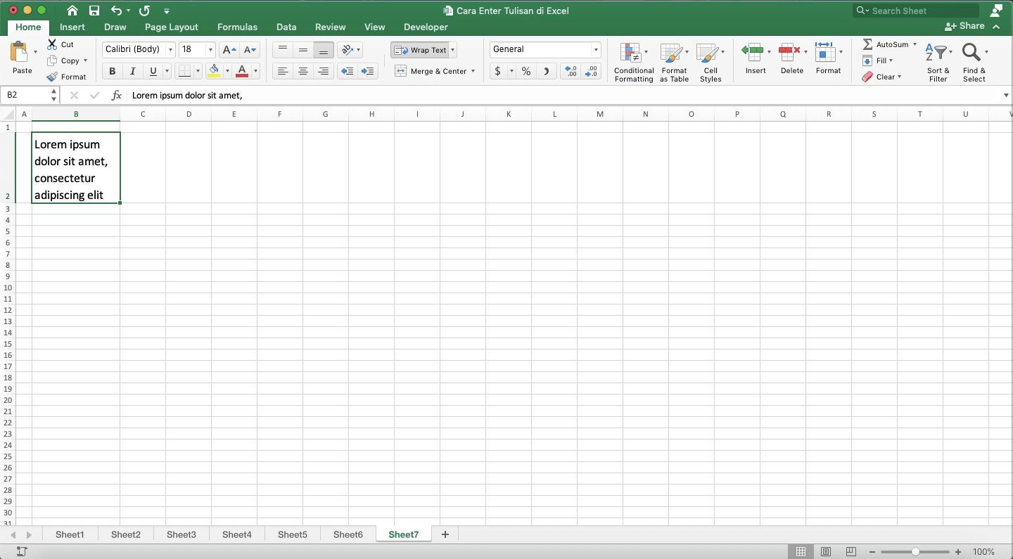 Cara Enter Tulisan di Excel - Screenshot Contoh Implementasi Wrap Text di Excel