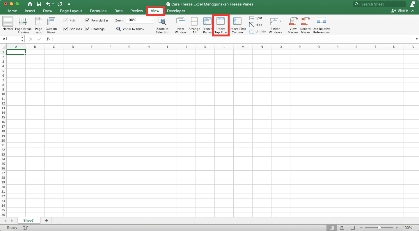 Cara Freeze Excel Menggunakan Freeze Panes - Screenshot Lokasi Tombol Freeze Top Row di Excel