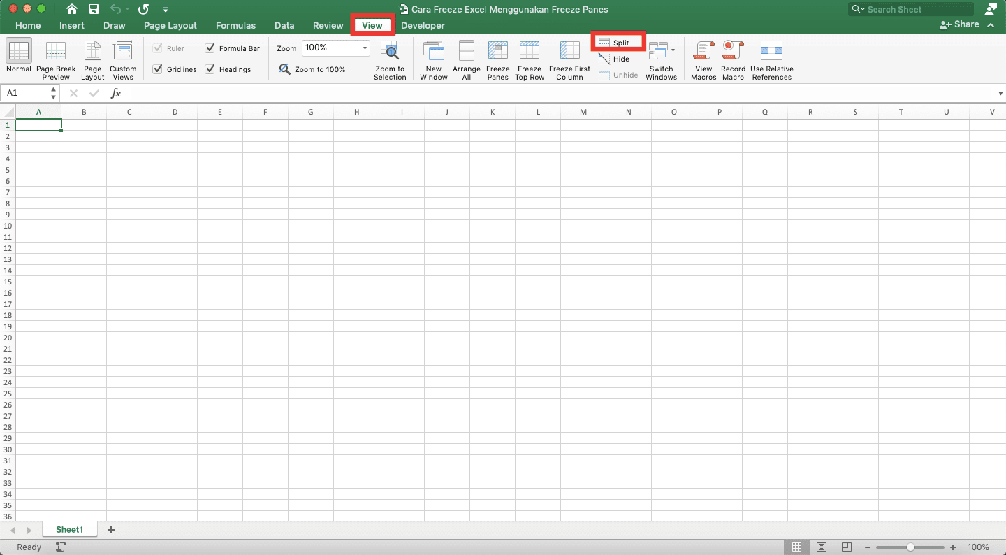 Cara Freeze Excel Menggunakan Freeze Panes - Screenshot Lokasi Tombol Split di Excel