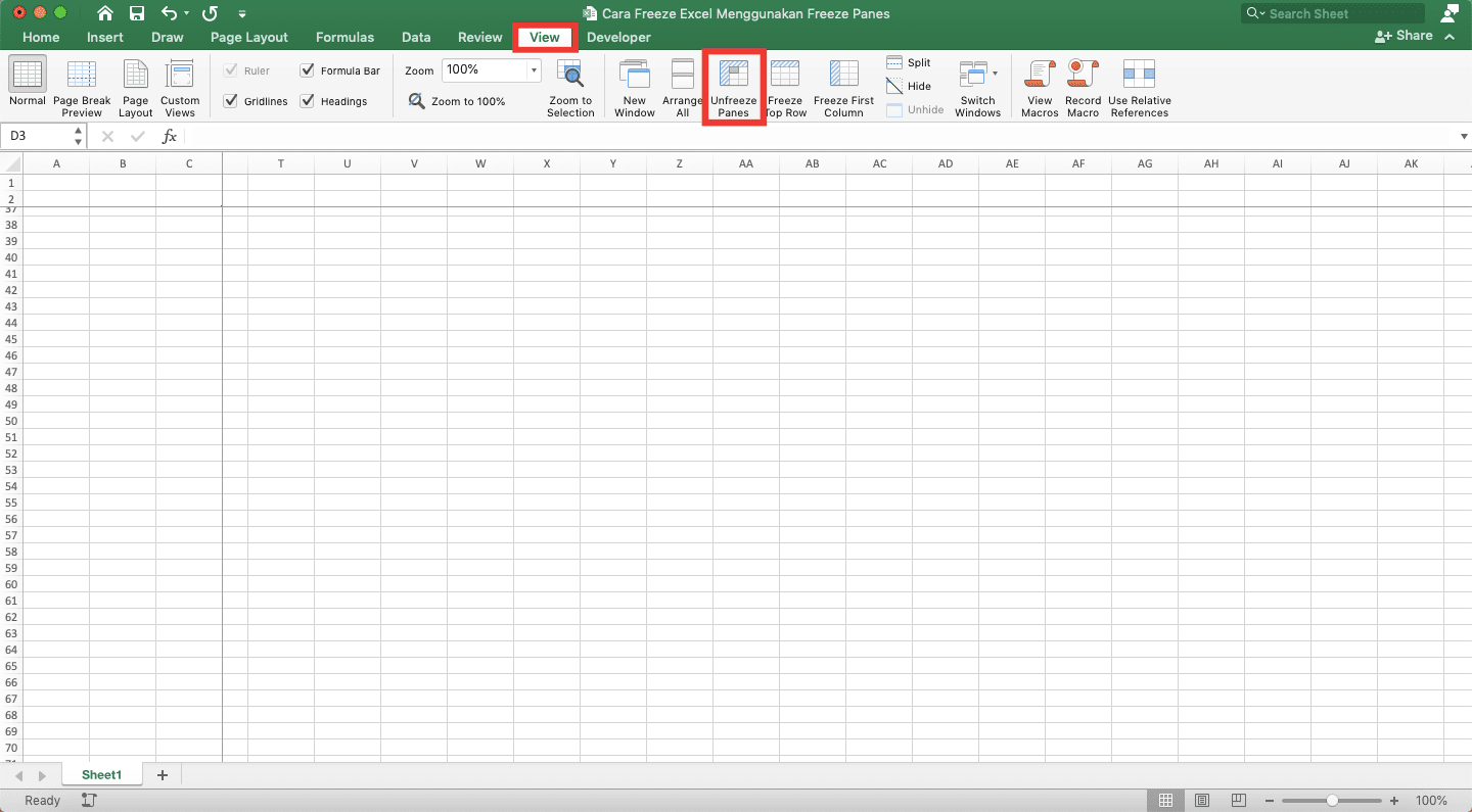 Cara Freeze Excel Menggunakan Freeze Panes - Screenshot Lokasi Tombol Unfreeze Panes di Excel