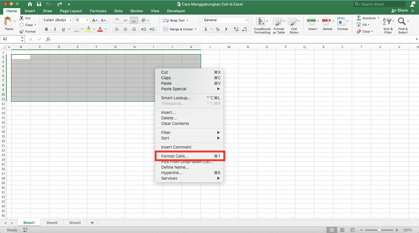 Cara Menggabungkan Cell di Excel - Screenshot Lokasi Tombol Format Cells di Menu Klik Kanan Cell