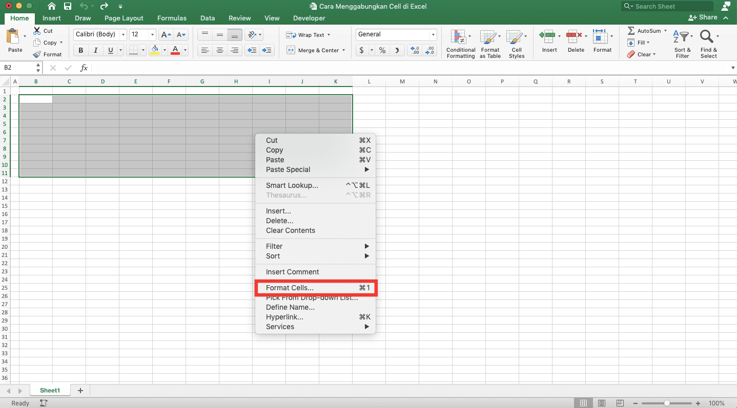 Cara Menggabungkan Cell di Excel - Screenshot Cara Menggabungkan Cell di Excel dengan Klik Kanan, Langkah 2