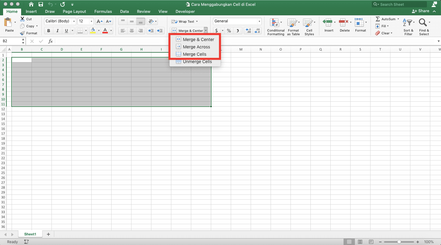 Cara Menggabungkan Cell di Excel - Screenshot Cara Menggabungkan Cell di Excel dengan Menu Merge, Langkah 3