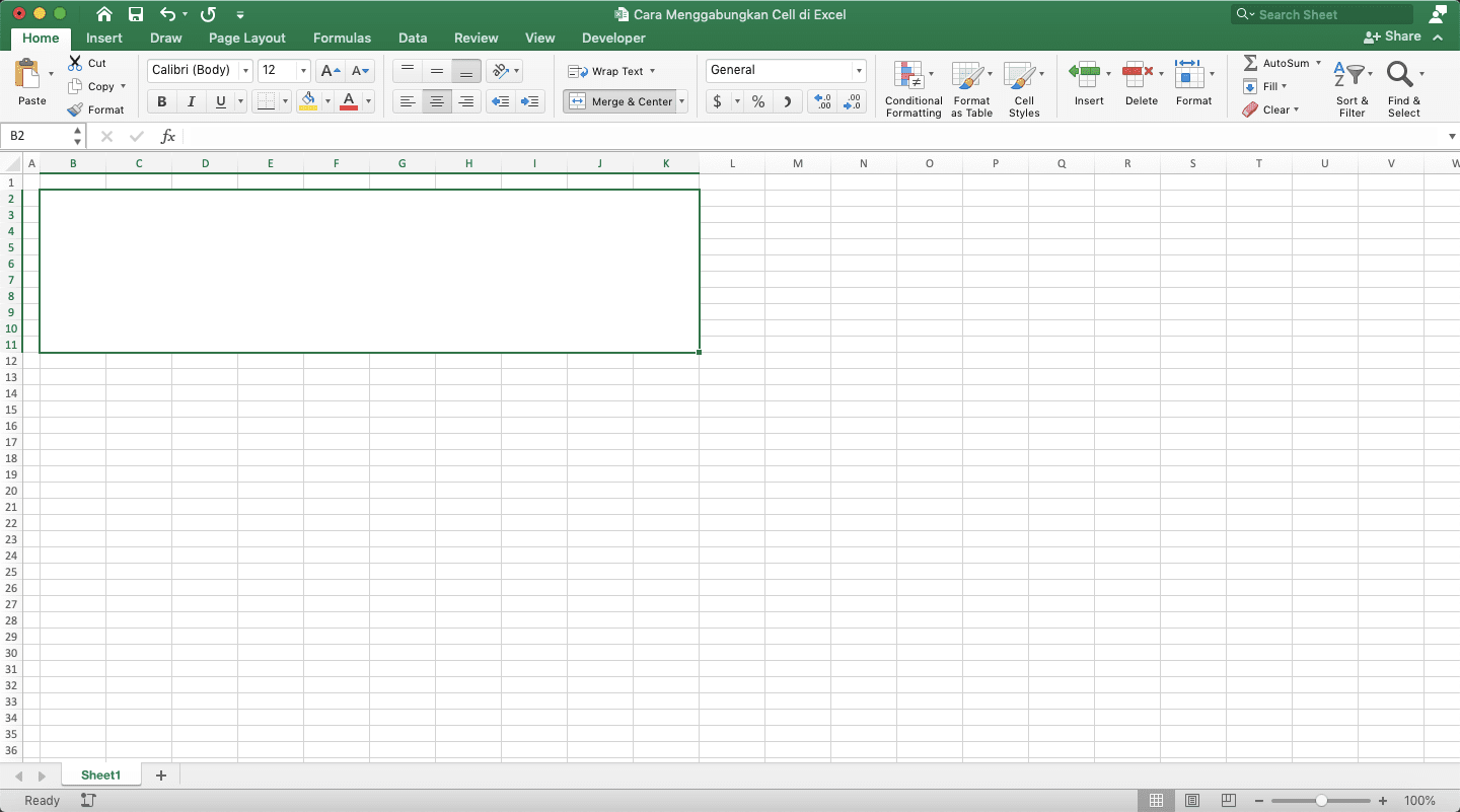 Cara Menggabungkan Cell di Excel - Screenshot Cara Menggabungkan Cell di Excel dengan Menu Merge, Langkah 4