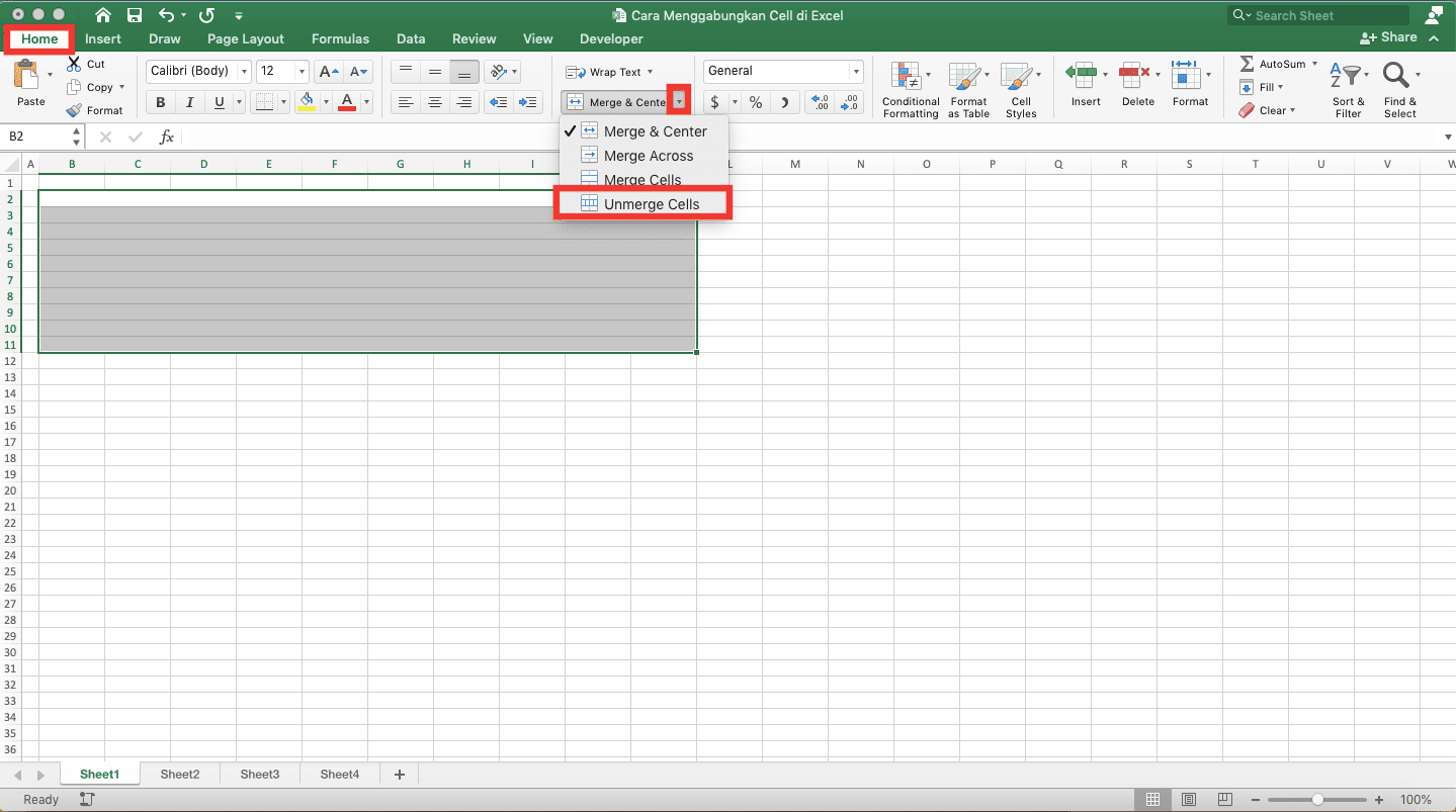 Cara Menggabungkan Cell di Excel - Screenshot Lokasi Tab Home, Tombol Dropdown Merge & Center, dan Pilihan Unmerge Cells di Excel
