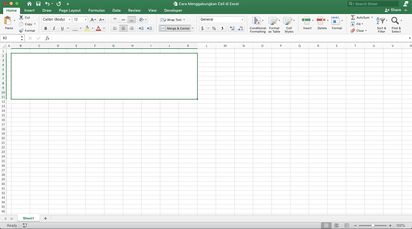 Cara Menggabungkan Cell di Excel - Screenshot Cara Menggabungkan Cell di Excel dengan Tombol Shortcut, Langkah 3