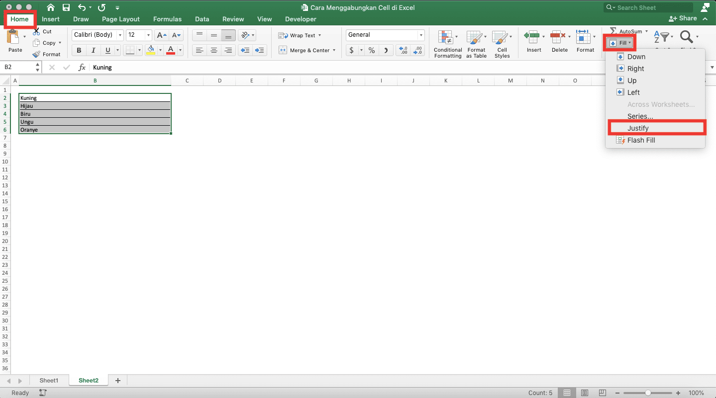 Cara Menggabungkan Cell di Excel - Screenshot Lokasi Tab Home, Tombol Dropdown Fill, dan Pilihan Justify di Excel