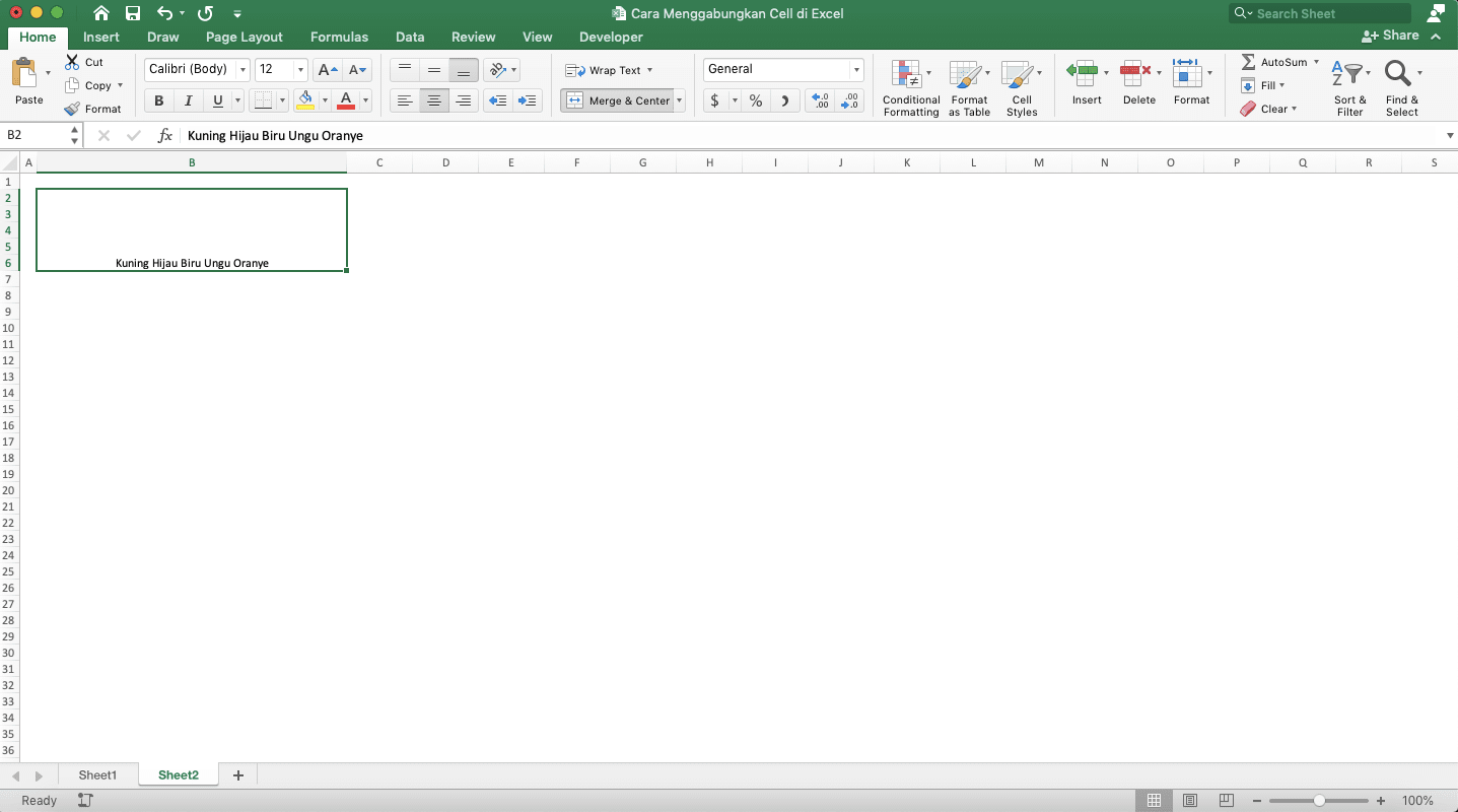 Cara Menggabungkan Cell di Excel - Screenshot Contoh Hasil Penggabungan Cell dengan Tetap Mempertahankan Data