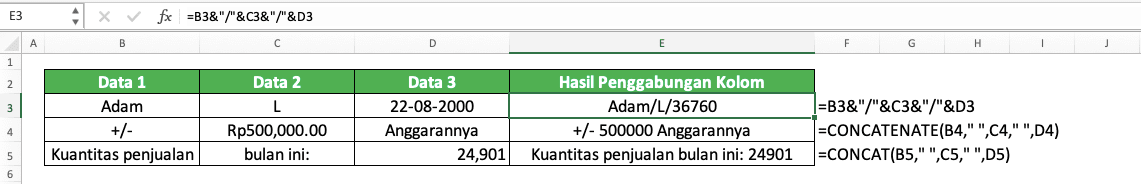Cara Menggabungkan Kolom di Excel - Screenshot Contoh Implementasi Penggabungan Kolom dengan Angka Tanpa Menggunakan TEXT
