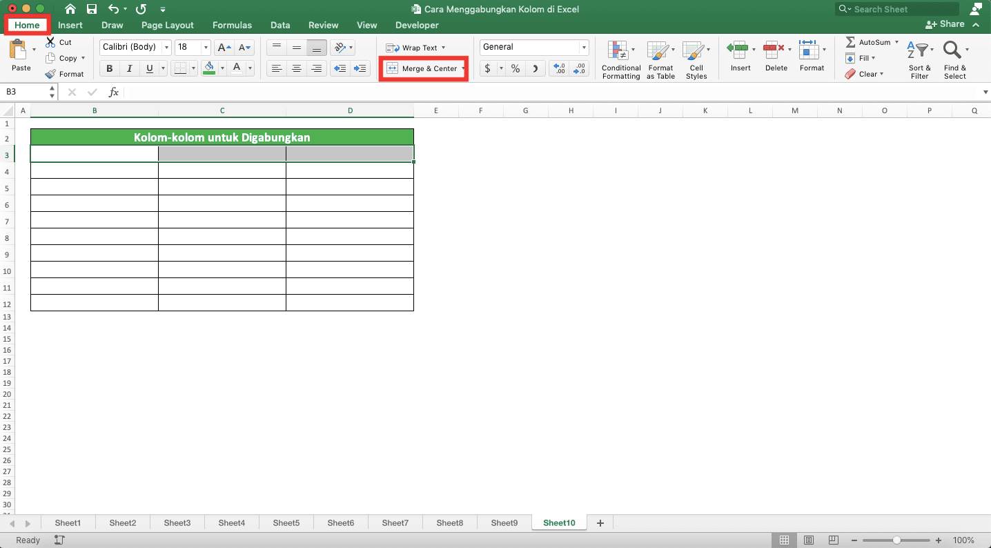 Cara Menggabungkan Kolom di Excel - Screenshot Lokasi Tab Home dan Tombol Merge & Center