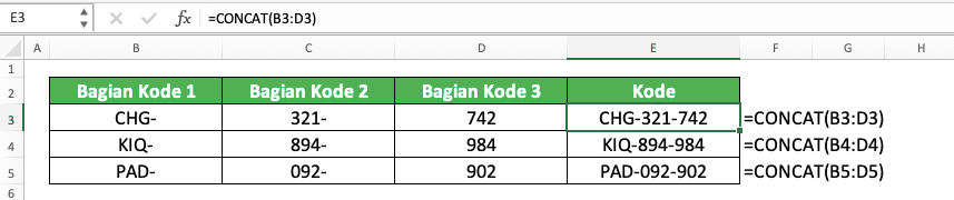 Cara Menggabungkan Kolom di Excel - Screenshot Contoh Implementasi CONCAT untuk Menggabungkan Kolom di Excel