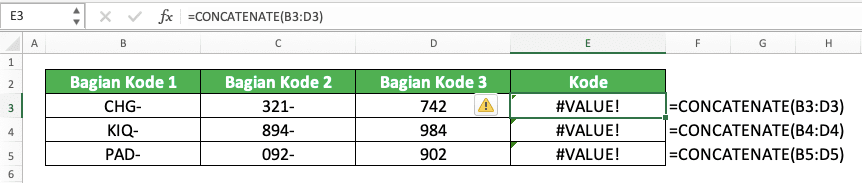 Cara Menggabungkan Kolom di Excel - Screenshot Contoh Implementasi CONCATENATE dengan Input Cell Range untuk Menggabungkan Kolom di Excel