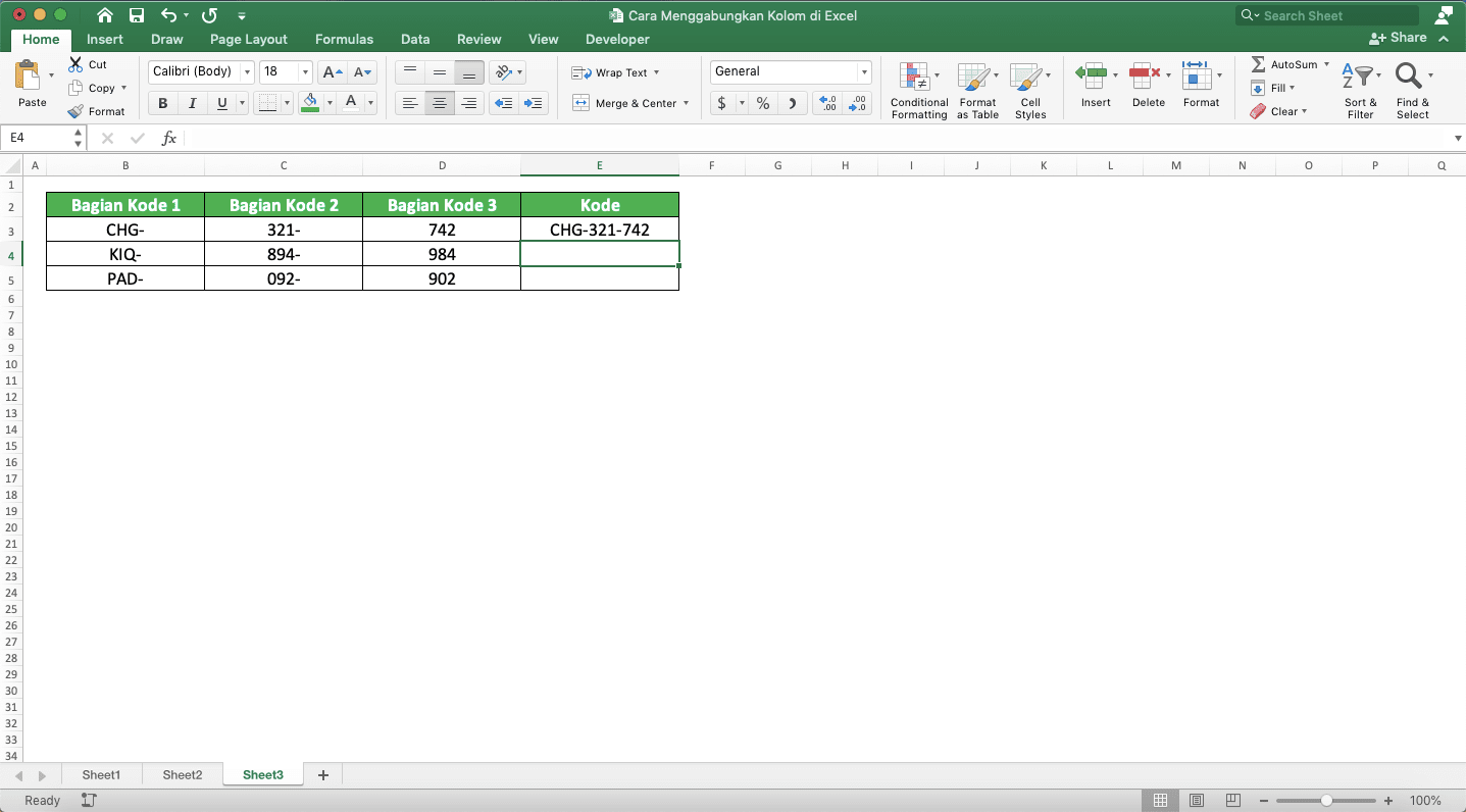 Cara Menggabungkan Kolom di Excel - Screenshot Contoh Penggabungan Kolom Manual untuk Implementasi Flash Fill