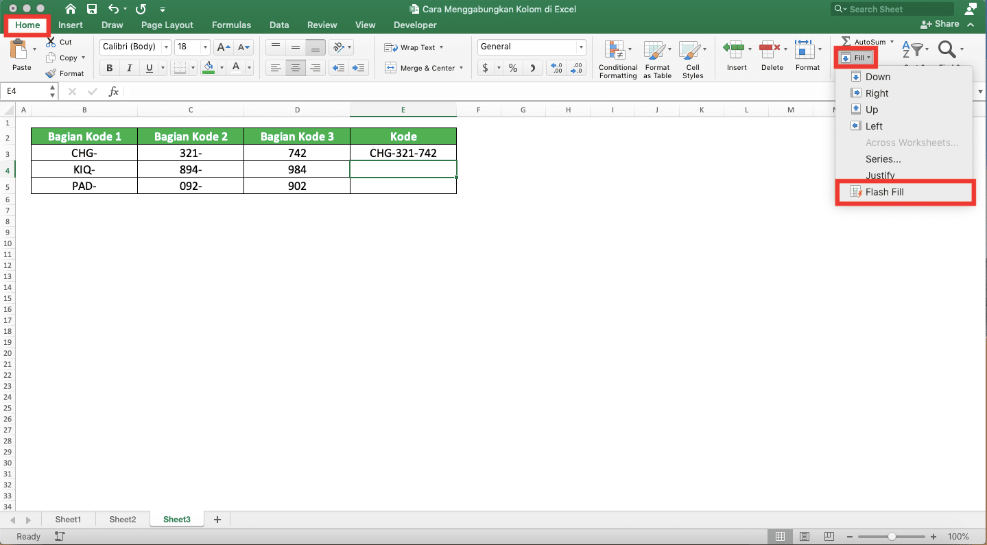 Cara Menggabungkan Kolom di Excel - Screenshot Lokasi Tab Home, Tombol Dropdown Fill, dan Pilihan Flash Fillnya