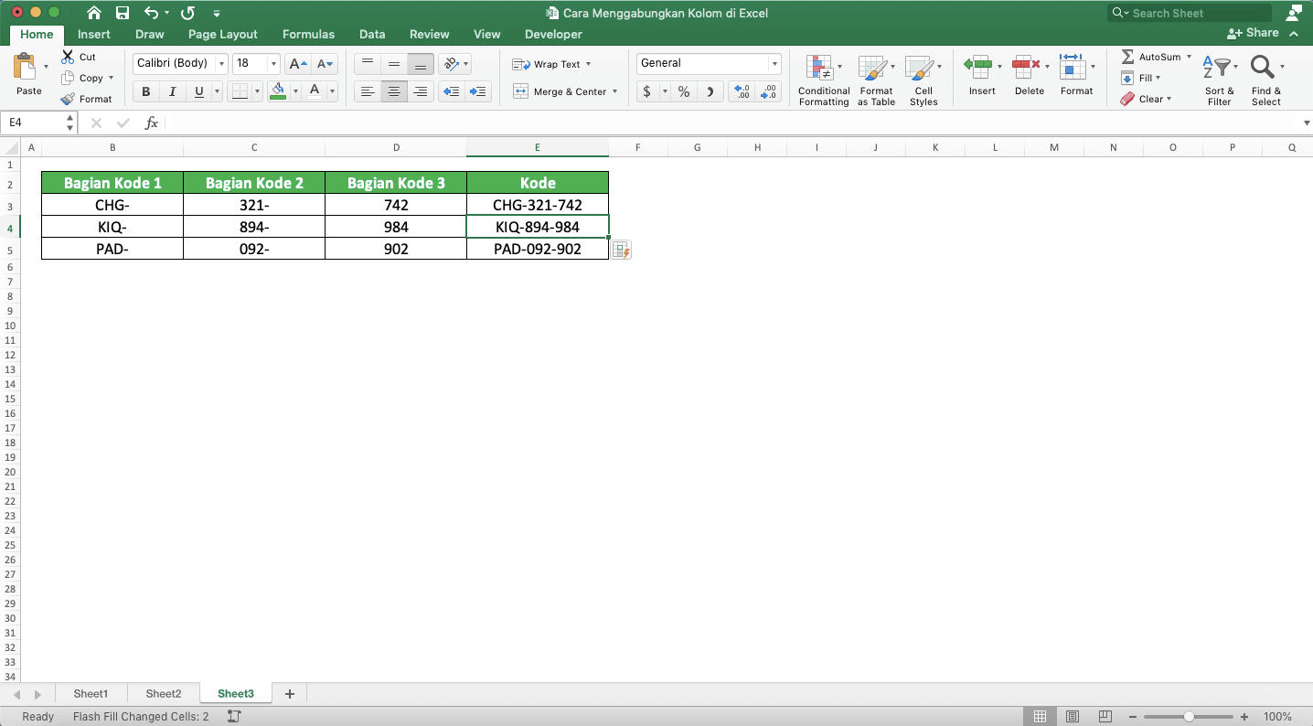 Cara Menggabungkan Kolom di Excel - Screenshot Contoh Hasil Implementasi Flash Fill untuk Menggabungkan Kolom di Excel