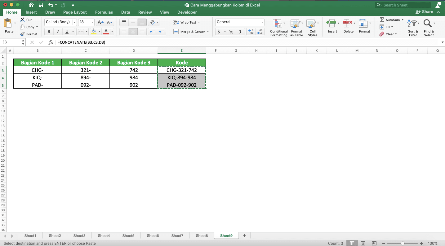 Cara Menggabungkan Kolom di Excel - Screenshot Contoh Tampilan Mode Salin pada Cell Range