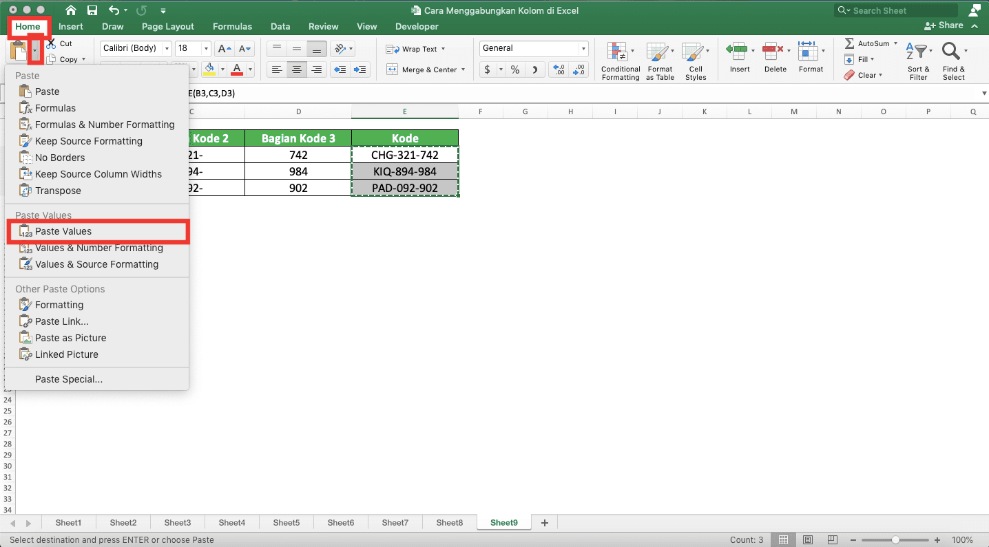 Cara Menggabungkan Kolom di Excel - Screenshot Lokasi Tab Home, Tombol Dropdown Paste, dan Pilihan Paste Valuesnya