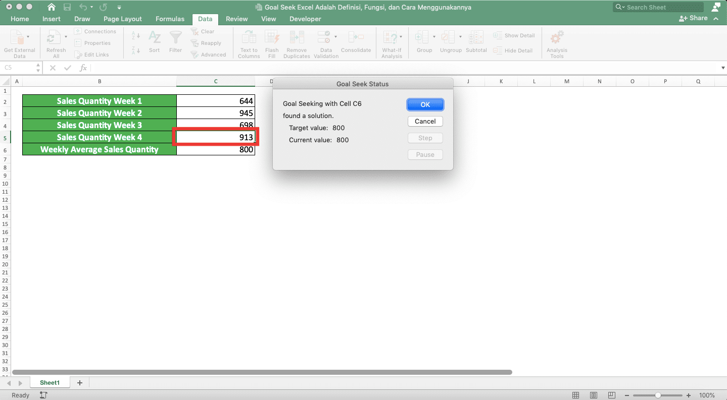 Goal Seek Excel Adalah…; Definisi, Fungsi, dan Cara Menggunakannya - Screenshot Contoh Hasil Goal Seek