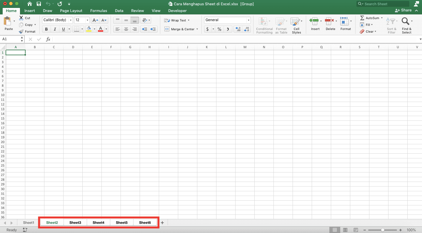 Cara Menghapus Sheet di Excel - Screenshot Contoh Hasil Pilih Tab-Tab Sheet yang Berurutan