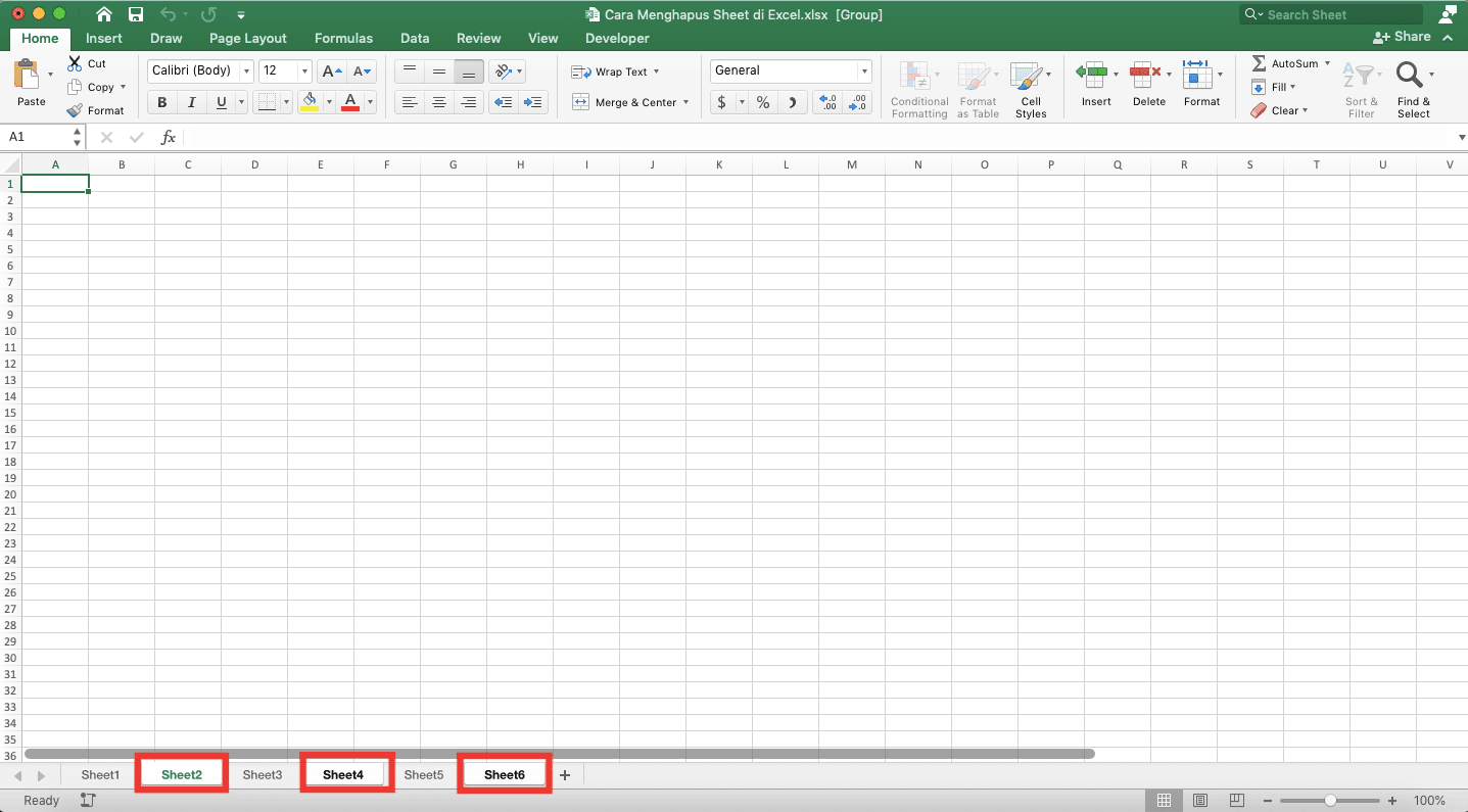 Cara Menghapus Sheet di Excel - Screenshot Contoh Hasil Pilih Tab-Tab Sheet yang Tidak Berurutan