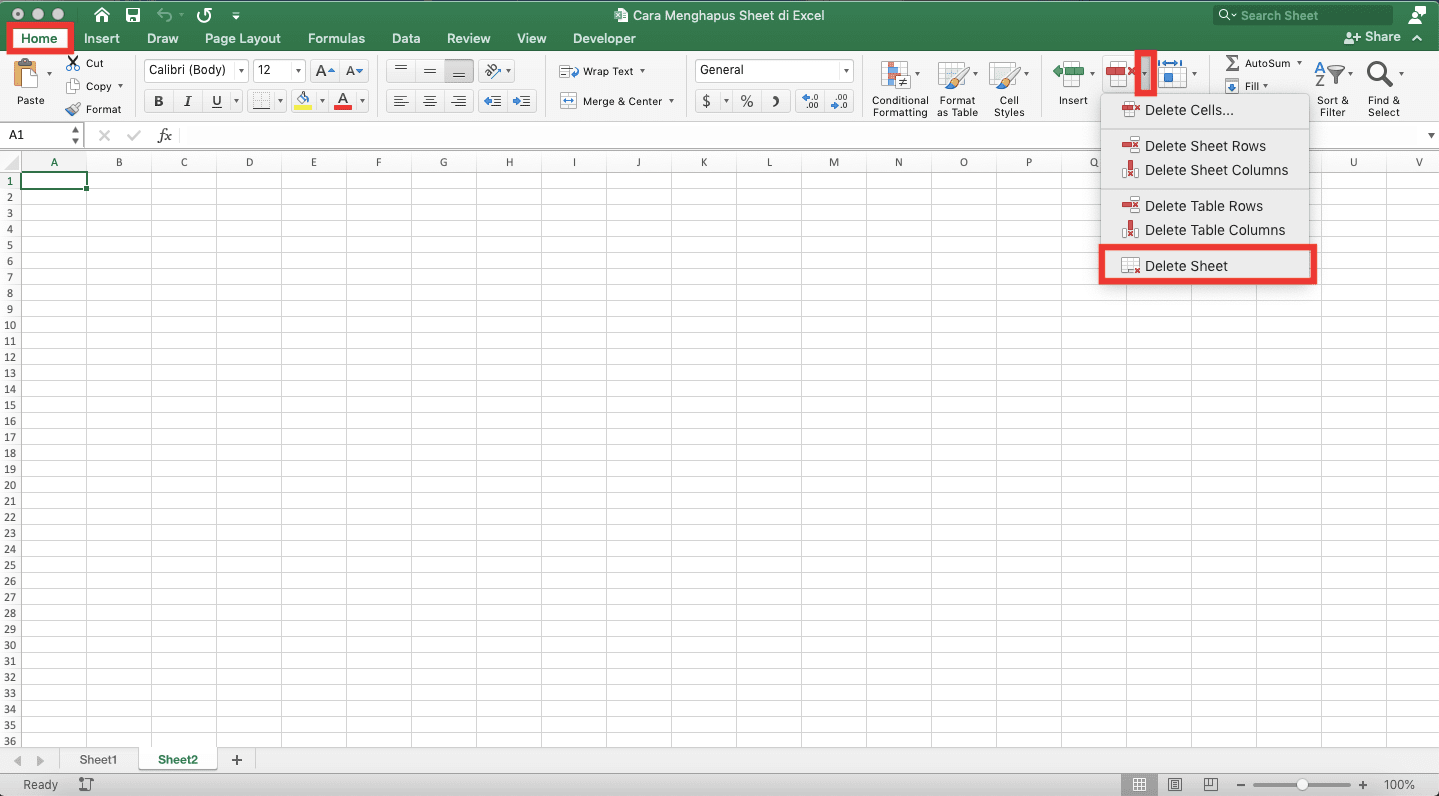 Cara Menghapus Sheet di Excel - Screenshot Cara Tombol Delete, Langkah 2