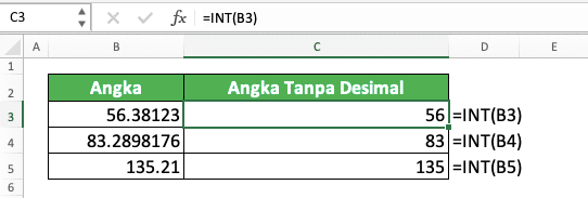 Cara Menghilangkan Desimal di Excel - Screenshot Contoh Implementasi INT untuk Menghilangkan Desimal dari Suatu Angka