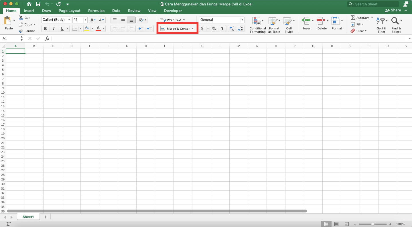 Cara Menggunakan dan Fungsi Merge Cells di Excel - Screenshot Lokasi Menu Merge Cells di Excel