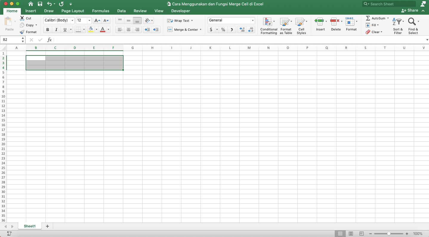 Cara Menggunakan dan Fungsi Merge Cells di Excel - Screenshot Langkah 1