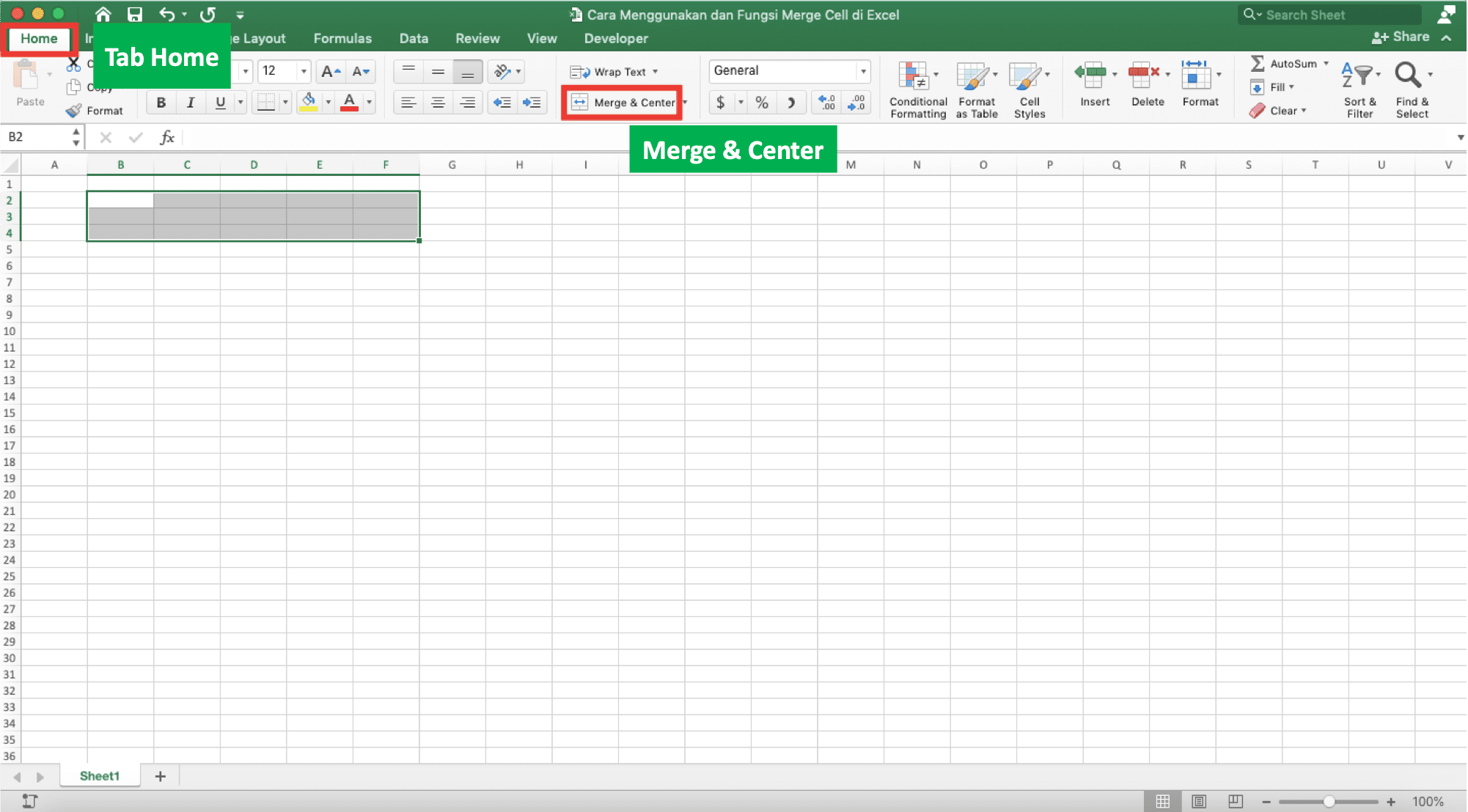 Cara Menggunakan dan Fungsi Merge Cells di Excel - Screenshot Langkah 2-1