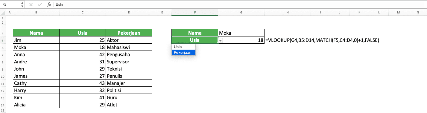 Nomor Indeks Kolom VLOOKUP: Apa Itu dan Bagaimana Cara Memasukkan Inputnya dengan Benar? - Screenshot Contoh Pilihan Dropdown untuk Cell Variabel Data MATCH di Penggabungan VLOOKUP MATCH
