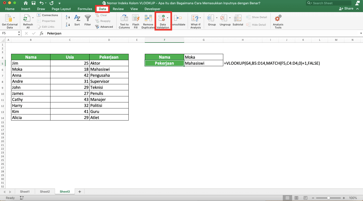 Nomor Indeks Kolom VLOOKUP: Apa Itu dan Bagaimana Cara Memasukkan Inputnya dengan Benar? - Screenshot Lokasi Tab Data dan Tombol Data Validation di Ribbon Excel