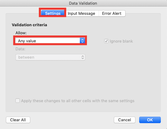 Nomor Indeks Kolom VLOOKUP: Apa Itu dan Bagaimana Cara Memasukkan Inputnya dengan Benar? - Screenshot Lokasi Tab Settings dan Dropdown Allow di Dialog Box Data Validation