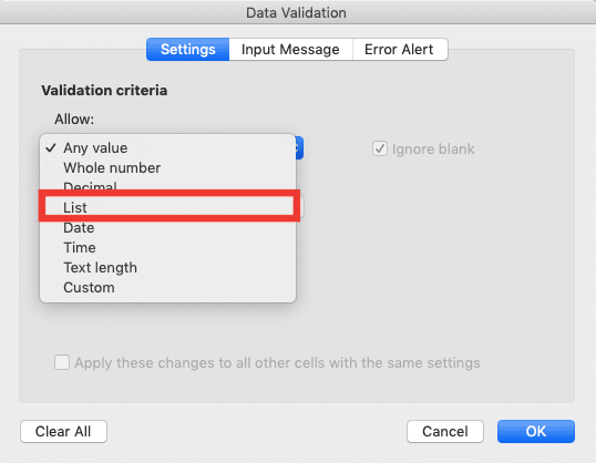 Nomor Indeks Kolom VLOOKUP: Apa Itu dan Bagaimana Cara Memasukkan Inputnya dengan Benar? - Screenshot Lokasi Pilihan List di Dropdown Allow dari Dialog Box Data Validation